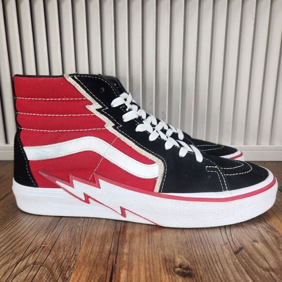 Vans Sk8-Hi Lightning Bolt Mens 10 Black Red Suede Canvas Skater Sneakers Shoes - Picture 1 of 10
